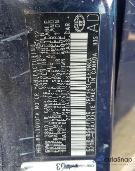 2012 Toyota Corolla Base from USA, damaged, VIN 2T1BU4EE2CC866379